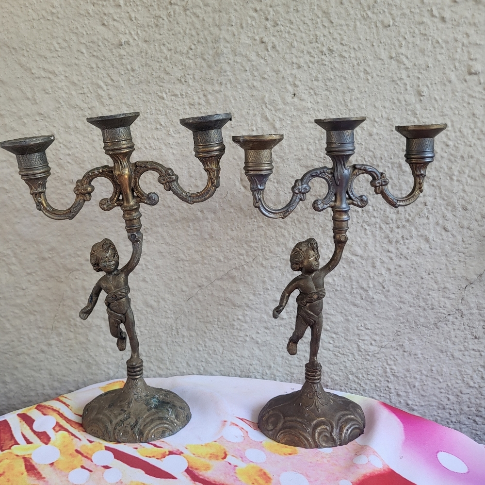 Vintage Pair Brass Tone Painted Cast Metal Cherub CandelabrasVery good conditi